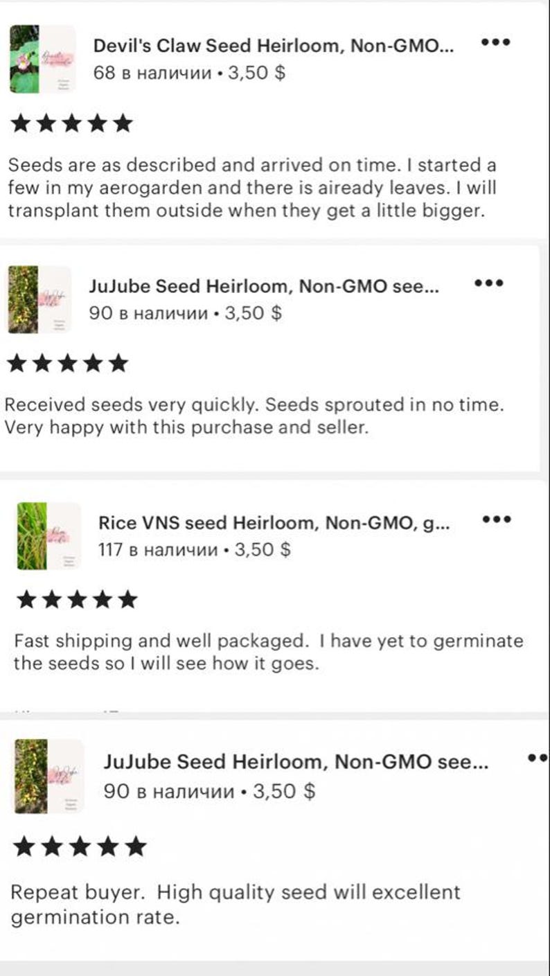 May include: Five-star reviews for Devil's Claw Seed Heirloom, JuJube Seed Heirloom, and Rice VNS seed Heirloom. Each product is described as non-GMO and has a price of $3.50. The reviews highlight the fast shipping, quick germination, and high quality of the seeds.