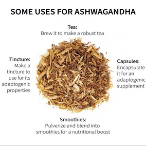 Pode incluir: Uma imagem de close-up de raiz de ashwagandha seca, uma erva natural usada em v&aacute;rias formas, incluindo ch&aacute;, tintura, c&aacute;psulas e smoothies. A imagem mostra as diferentes maneiras de usar ashwagandha por suas propriedades adaptog&ecirc;nicas.