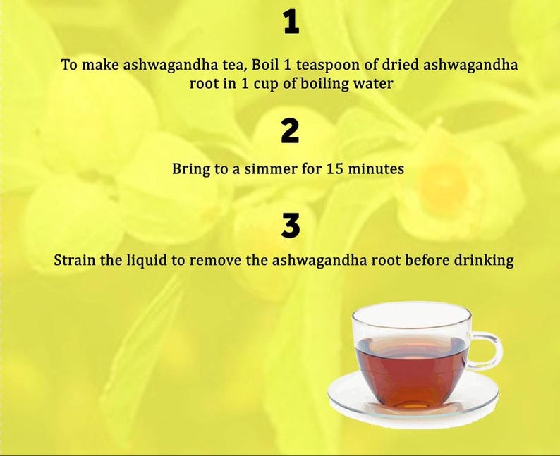 Pode incluir: Um fundo amarelo com tr&ecirc;s etapas para fazer ch&aacute; de ashwagandha. Passo 1: Ferva 1 colher de ch&aacute; de raiz de ashwagandha seca em 1 x&iacute;cara de &aacute;gua fervente. Passo 2: Deixe ferver por 15 minutos. Passo 3: Coe o l&iacute;quido para remover a raiz de ashwagandha antes de beber. Uma x&iacute;cara de ch&aacute; &eacute; mostrada no canto inferior direito.
