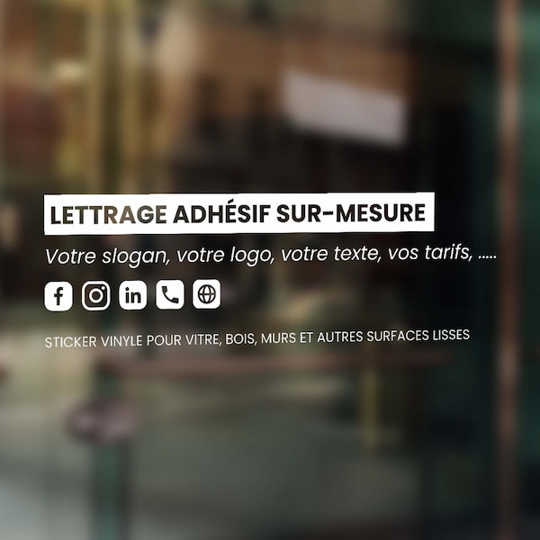 Lettrage et texte sticker personnalisé logo magasin, boutique, commerce pour vitrine en vinyle adhésif. Et mariage, anniversaire, évènement