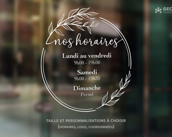 Horaires vitrine magasin, boutique, fleuriste en sticker vinyle adhésif personnalisé sur mesure, avec coordonnées et logo en option
