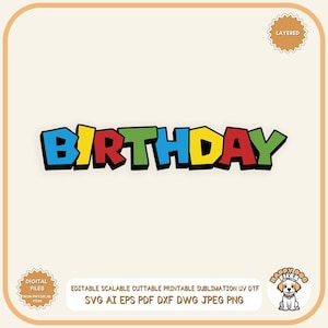 Arquivo em camadas Svg de aniversariante, topo de bolo de aniversário de jogador, banner de aniversário svg, cores de sublimação de camiseta Mario Bros editáveis no Canva