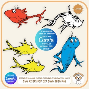 1 poisson 2 poissons superposés fichier Svg Un poisson deux poissons, poisson rouge poisson bleu, journée de la lecture Seuss PngPdf Dxf haute résolution Cricut modifiable sur Canva DIY