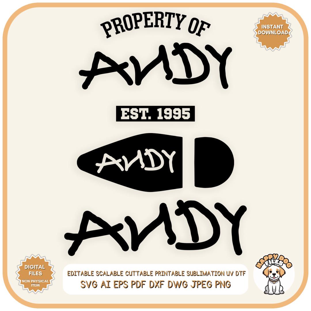 Proprietà di Andy FILE SVG Personalizza regalo, vinile Svg Jpg Png, design stampabile Toy Story Andy font firma file tagliato al laser Cricut Silhouette