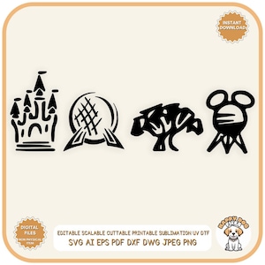 4 arquivo svg de parque temático Quatro ícones de parque svg, epcot, reino animal, estúdios de hollywood, reino mágico, viagem ao castelo mágico SVG, férias em família
