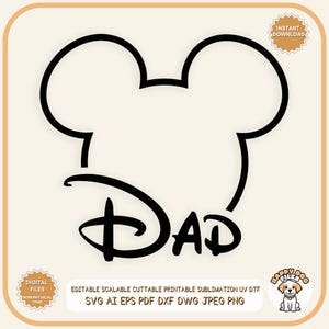 Archivos SVG PNG de orejas de papá, clip art de papá de Disney, clipart de papá, camiseta de amor de papá, regalo del día del padre de ratón de papá, cabeza de Mickey de papá svg Cricut Sublimación