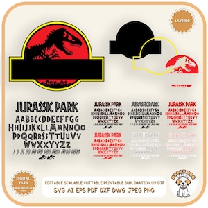 Jurassic Park template SVG File and Font Installable for DIY + 6 SVG Jurassic letters, Jurassic World Dinosaur Clipart, Customize Sign Logo