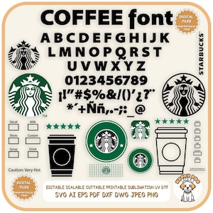 Kaffee Thema Bundle SVG für DIY mit Ttf Installation enthalten, Kaffee Dekor PNG bedruckbar, Clipart Block Schriftart Starbucks Letters Custom