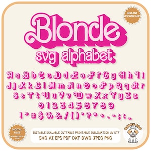 Archivo SVG de alfabeto retro rubio en capas, alfabeto de muñeca retro en formato PNG de alta resolución, archivo vectorial de letras de muñeca de princesa en capas, letras de bebé