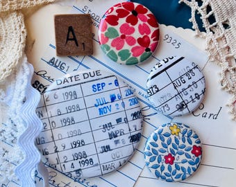 Retro Fabric -Vintage Library Card Magnets: Cottagecore Bookish Decor (Set of 4)