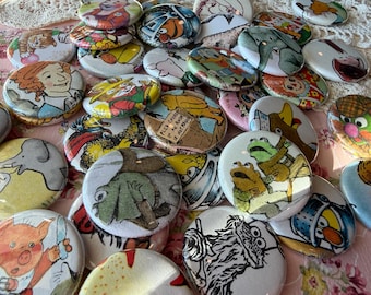 Magnets Made from Upcycled  Books , Nostalgic Mix of Story Book Characters,  1.25", Academia Vibes