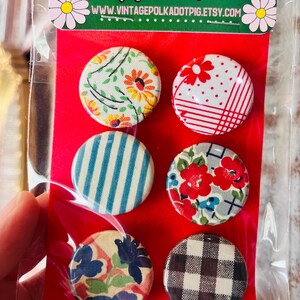 May include: Set of six round decorative buttons with various floral and patterned designs. The buttons are in a clear plastic package on a red background. The top of the package has a green background with a pig illustration and the text "WWW.VINTAGEPOLKADOTPIG.ETSY.COM".