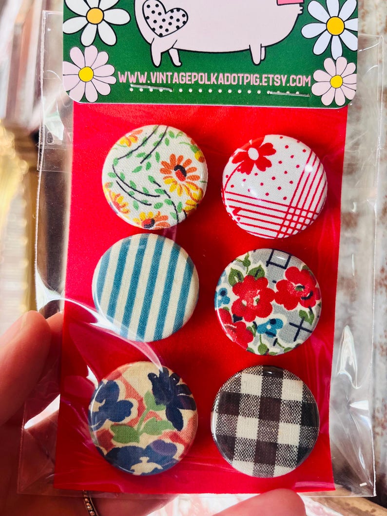 May include: Set of six round decorative buttons with various floral and patterned designs. The buttons are in a clear plastic package on a red background. The top of the package has a green background with a pig illustration and the text "WWW.VINTAGEPOLKADOTPIG.ETSY.COM".