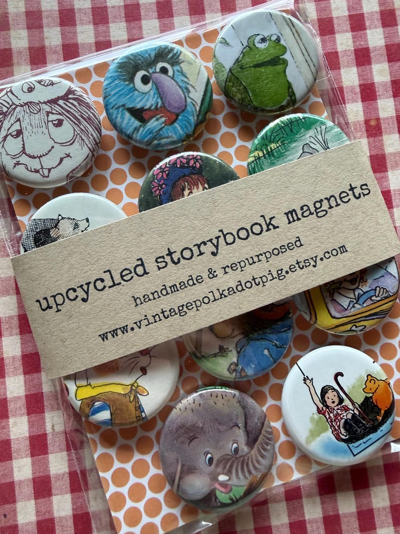 Pinback Buttons or Magnets, Upcycled Storybook Characters, Vintage Nostalgia, 1.25" image 6