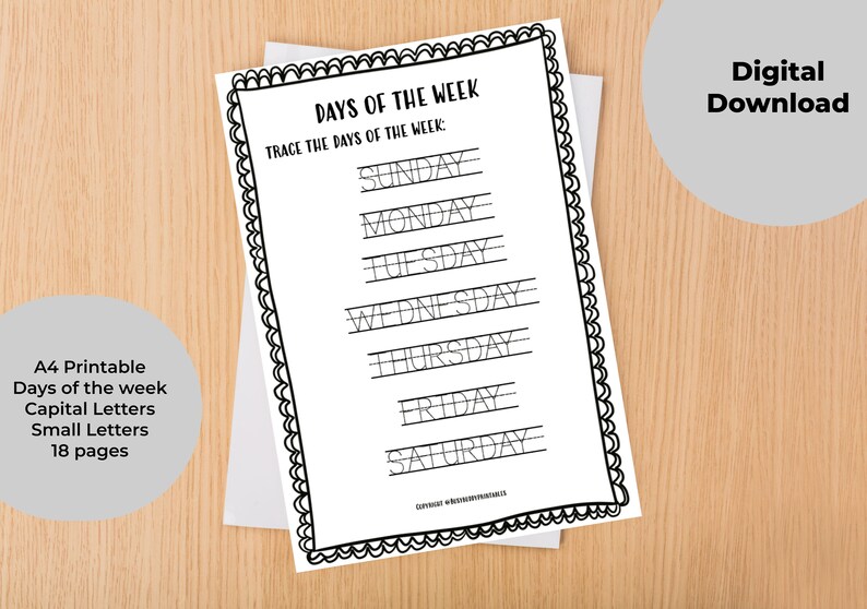 Tracing Days of the Week Printable, Tracing Printable for Pre-k ...