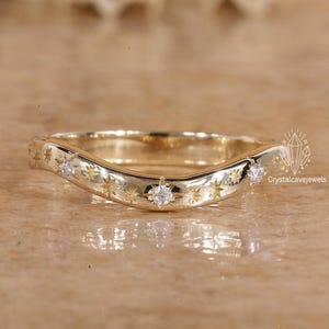 Star Shape Curve Wedding Band Ring Solid Gold Celestial Moissanite Ring Wedding Ring Starburst Anniversary Band Matching Stacking Rings