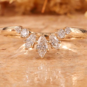 Marquise and Round Shape Lab Grown Diamond Tiara Ring Band, Solid Yellow Gold Wedding Band, V Shape Curve Band, Half Eternity Curve Band.