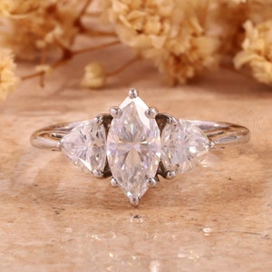 Diamant im Marquise-Schliff, 1 ct Marquise Lab gewachsener Diamant-Verlobungsring, Diamant im Trilliant-Schliff, Ehering mit drei Steinen, Für Geschenke