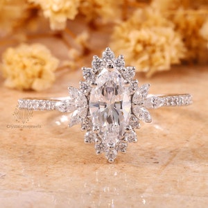 Starburst Halo Marquise & Round Moissanite Ring / Marquise Anniversary Gift For Wife / Engagement Ring / Art Deco Wedding Bridal Ring