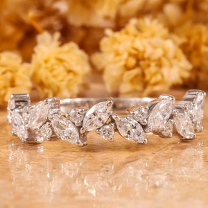 Marquise and Round Cut Lab Grown Diamond Band, EF/VVS Lab Created Diamond Wedding Band, Half Eternity Band for Her, Matching/Stackable Band