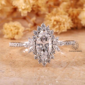 Art Deco Style Marquise Cut Lab Created Diamond Sunburst Wedding Ring, marquise halo engagement ring ,14K Gold Engagement Ring, Promise Ring
