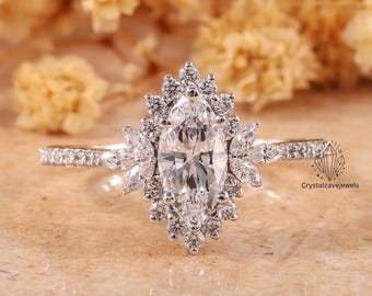 Anello nuziale in stile Art Déco con diamante sintetico taglio marquise e motivo a raggiera, anello di fidanzamento con pavé di diamanti taglio marquise, anello di fidanzamento in oro 14 carati, anello di promessa