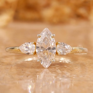 1 CT Marquise Cut Moissanite Engagement Ring Trilogy Wedding Ring Three Stone Ring Pear Side Stone Classy Anniversary Ring Gift For Her