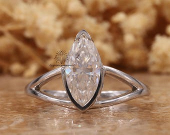 Anello con diamante taglio marquise da 2 carati, creato in laboratorio, anello di fidanzamento con mezza castone e taglio marquise, anello solitario per matrimonio, anello con diamante da donna