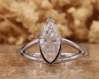Anello di fidanzamento con moissanite taglio marquise da 2 carati, incastonatura a mezza castone, gambo diviso, anello solitario unico in oro giallo 14 carati, regalo per lei.