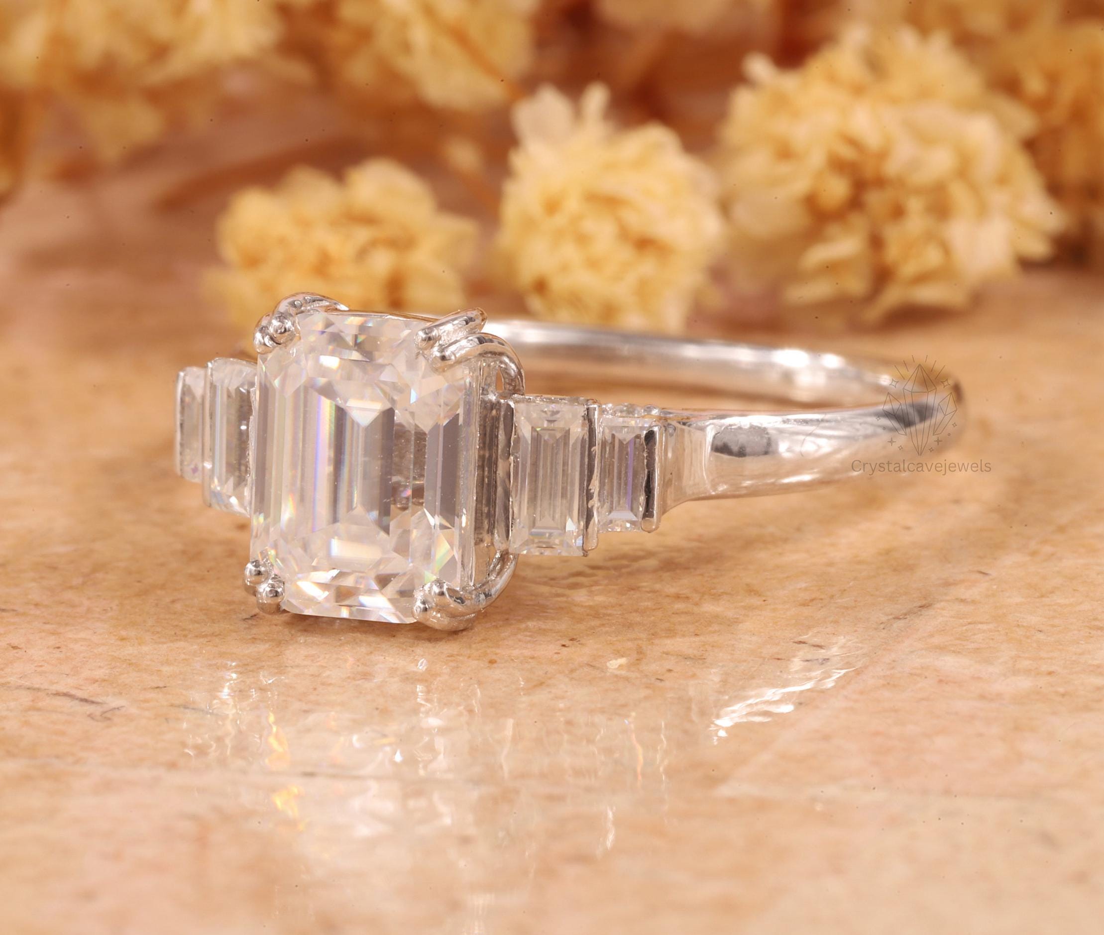 Emerald Cut Diamond Engagement Ring With Side Baguette Diamonds, IGI ...