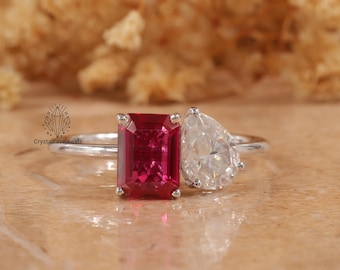Toi Et Moi Red Ruby and Emerald Cut Moissanite Ring, Gold Two Stone Vintage Ring Dual Birthstone Spouse Ring,Unique Dainty Anniversary Gift