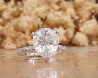 3.5CT Classic Pear Moissanite Ring, Gorgeous Hidden Halo Anniversary Ring, 925 Sterling Silver Ring, Pear Ring, Pear Moissanite Ring for Her