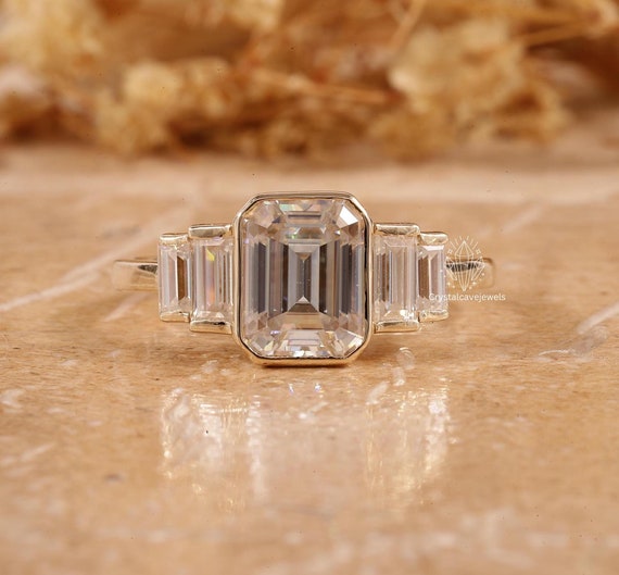 Emerald Cut Moissanite Bezel Set Engagement Ring Side Baguette
