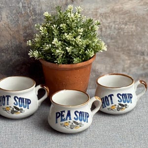 1970s Retro Soup Bowls | Hot Soup & Pea Soup Designs | Chunky Ceramic with Handles | Sold Individually