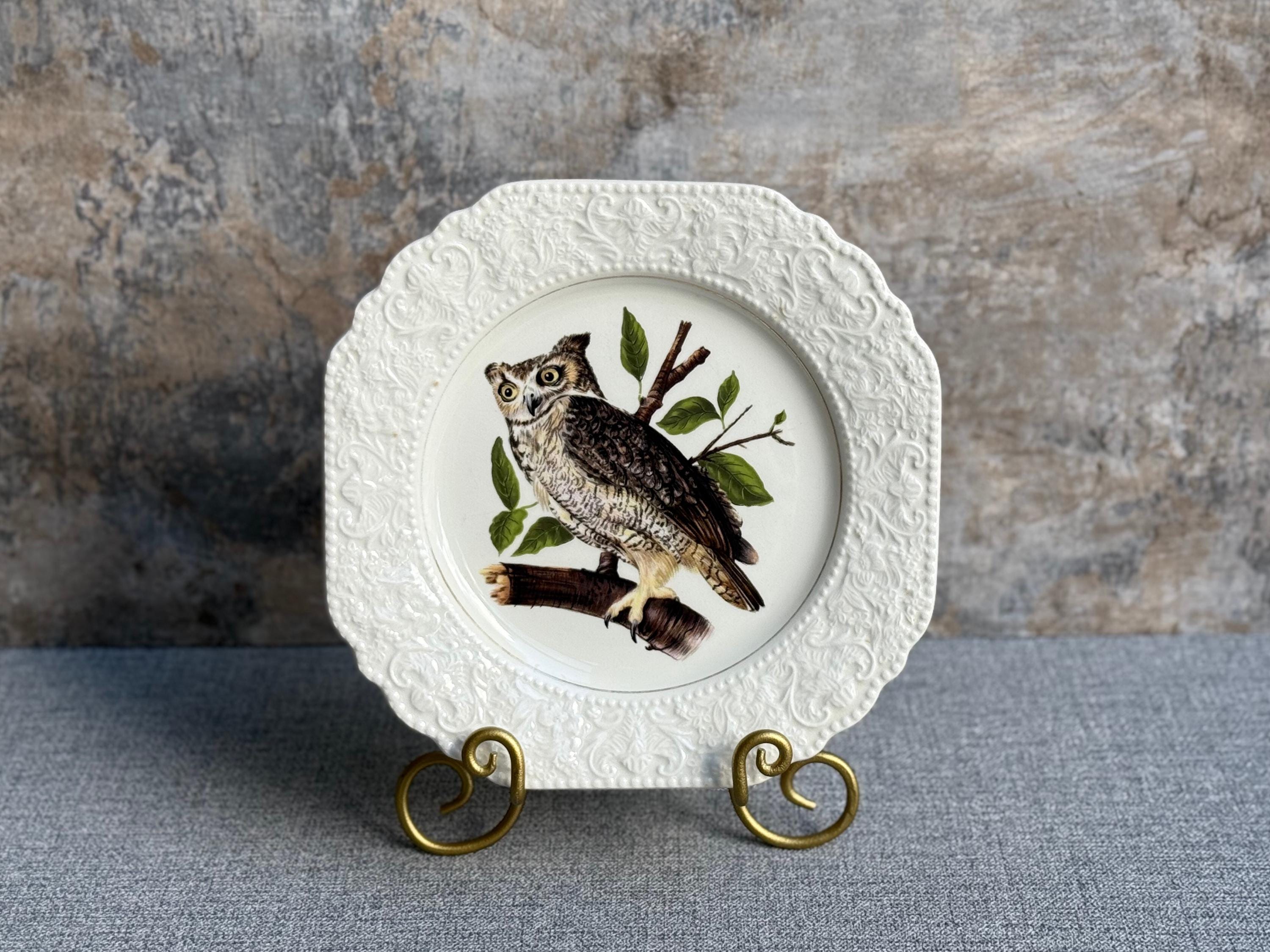 Vintage Lord Nelson Pottery Owl Plate | Embossed Square Display Plate | Bird Lovers Gift