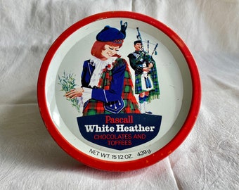 Vintage PASCALL - White Heather - Lata de metal redonda para chocolates y caramelos (décadas de 1960 y 1970)