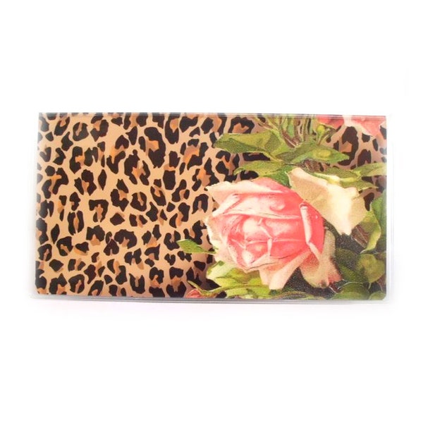 Checkbook Cover - Leopard and Roses - Victorian floral with animal print - shabby cottage chic check book holder - top tear or side tear