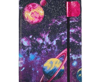 Sparkly Space Kindle Cover, Handmade Paperwhite E-reader Case, celestial planets and stars