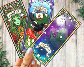 Tarot inspired bookmarks, set of three, Medusa, anglerfish, blackbird, page markers