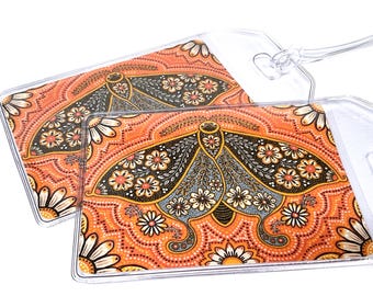 Folk Moth luggage tags, set of two, travel accessories, baggage tag, coral moths