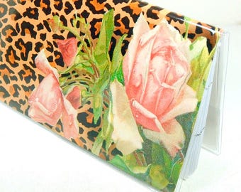 2026 - 2027  mini Planner Leopard Roses, two year pocket planner, monthly calendar pink roses leopard print horizontal