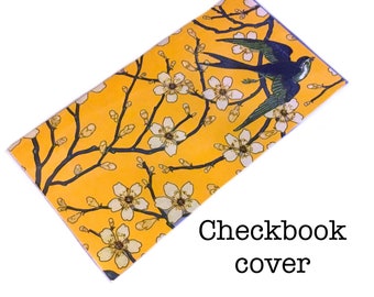 checkbook cover - Swallows and Blossoms - honey gold, top tear or side tear, yellow floral check book cover, cardstock and vinyl