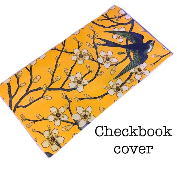 checkbook cover - Swallows and Blossoms - honey gold, top tear or side tear, yellow floral check book cover, cardstock and vinyl