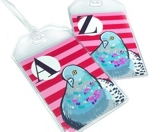 Personalized luggage tags, set of two, travel accessories, pigeon custom initial monogram bag tag, vacation