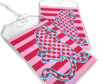 Polka dot leopards luggage tags, set of two, travel accessories, bag tag, jaguar panther vacation