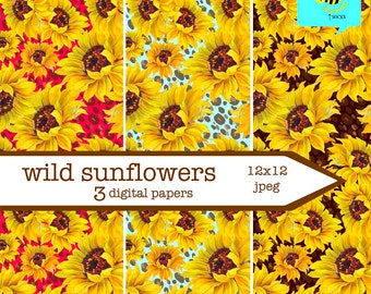 wild sunflowers digital paper pack - leopard floral digital scrapbook papers - 12x12 - Thanksgiving autumn clipart - 3 floral printables