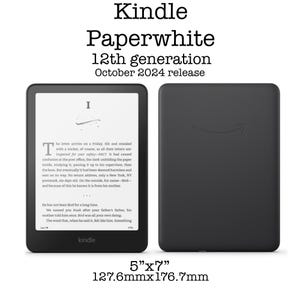 Pode incluir: Um leitor de e-books Kindle Paperwhite preto com uma tela de 5" x 7", 12&ordf; gera&ccedil;&atilde;o, lan&ccedil;ado em outubro de 2024. O leitor de e-books exibe um texto de amostra na tela.