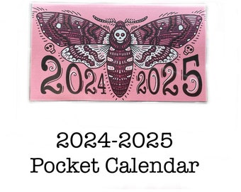 2024 - 2025 pocket calendar - Death’s Head Moth - mini calendar, pocket planner datebook, death moth, hawk moth, spooky, skull pink mauve