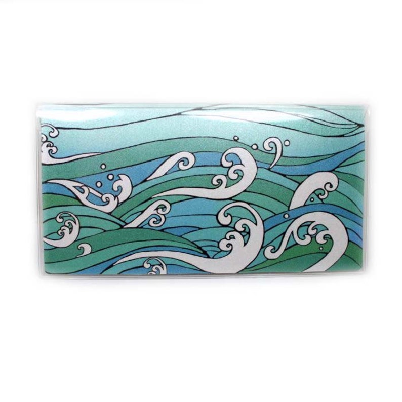 Checkbook Cover Ocean Waves vinyl checkbook holder Hokusai inspired wave design check book cover top tear image 2