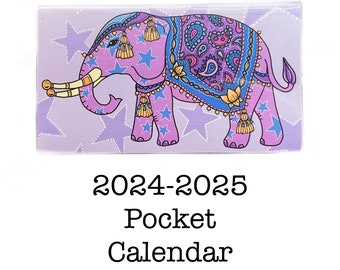 2024 - 2025 pocket calendar - Painted Elephants - mini calendar pocket planner datebook colorful 24 months purple lavender boho paisley